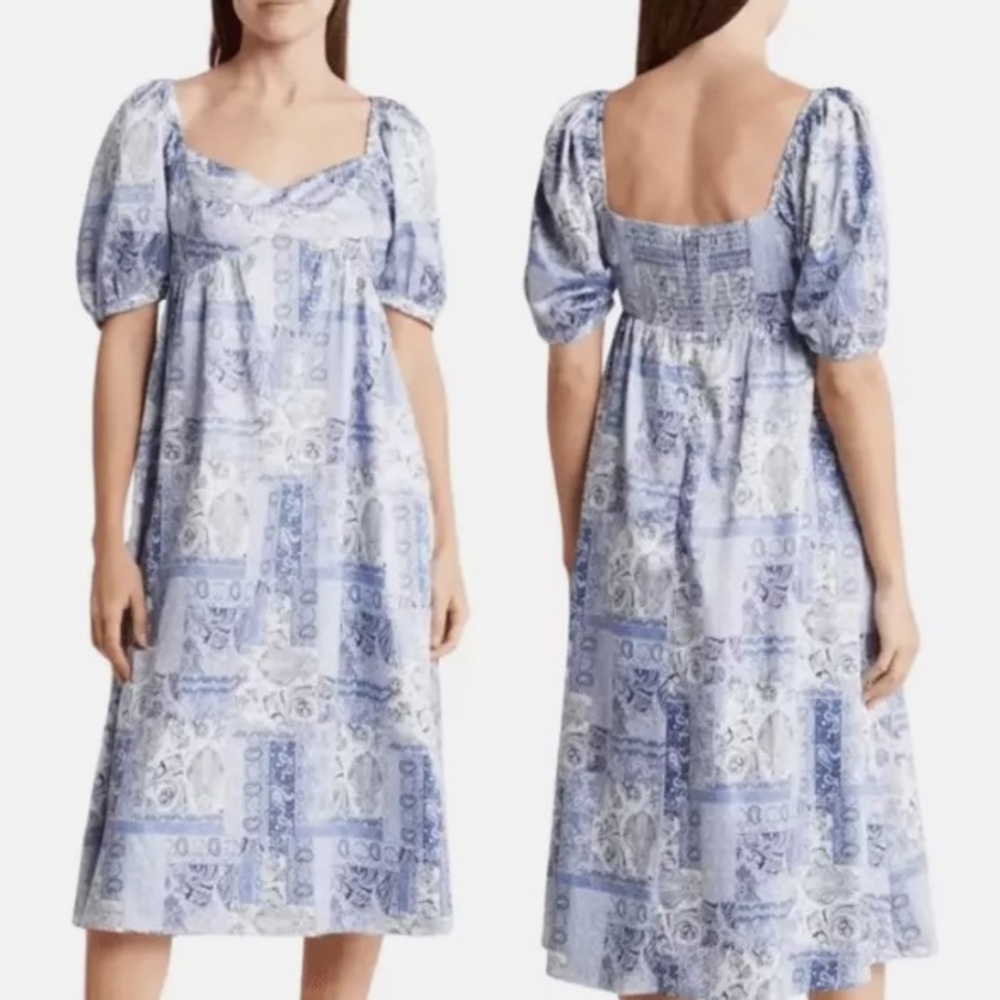 NSR Layla Printed MIDI Dress in Blue Patch Puff Short Sleeve Ruched Bodice Boho